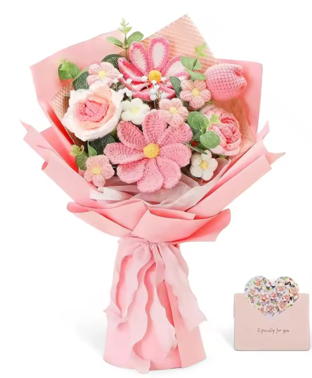 Large Pink Rose Crochet Bouquet – Handmade Artificial Flower Gift