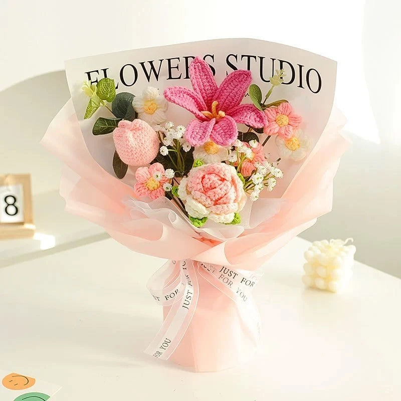 Crochet Flower Bouquet - Pink Lily and Rose Crochet Bouquet