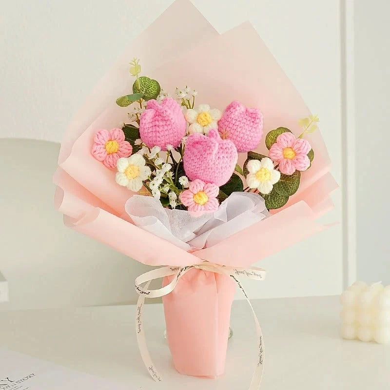Crochet Flower Bouquet - Pink Tulip Crochet Flower Bouquet